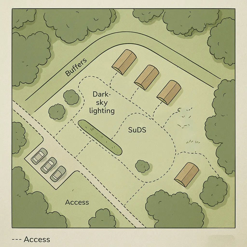 Planning-style site layout showing pods, buffers along woodland edges, dark-sky lighting, SuDS feature, and site access with parking.