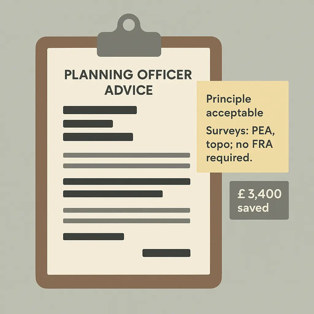 Redacted planning officer advice letter on a clipboard, with note saying “Principle acceptable, surveys: PEA, topo; no FRA required,” and a £3,400 saved tag.