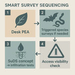 Infographic of staged survey sequencing: Desk PEA, triggered species surveys, SuDS concept and infiltration tests, and access visibility check.