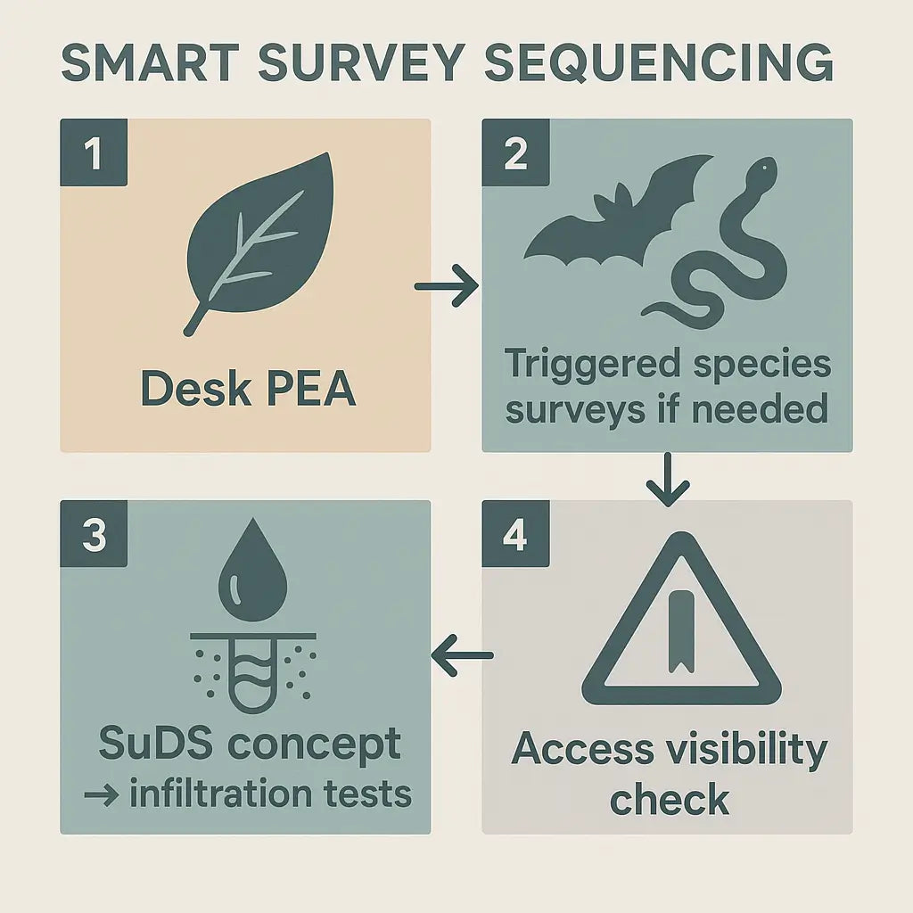 Infographic of staged survey sequencing: Desk PEA, triggered species surveys, SuDS concept and infiltration tests, and access visibility check.