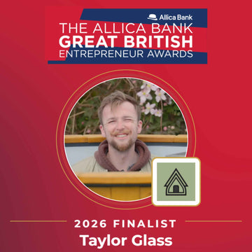 Promotional graphic for Allica Bank Great British Entrepreneur Awards with a photo of Taylor Glass on a red background.