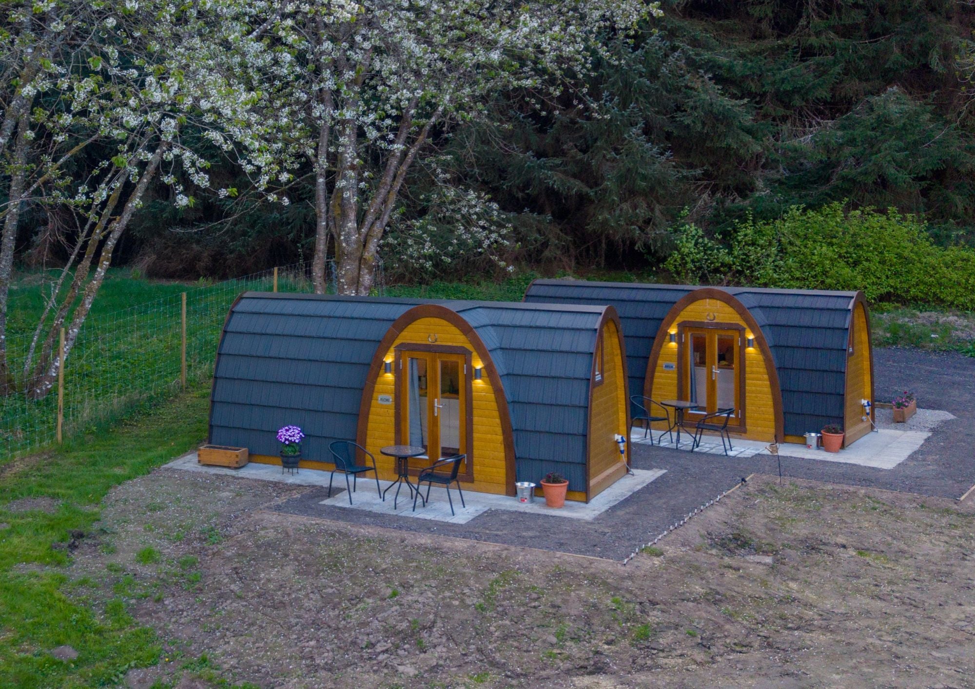 Luxury glamping pods installed as part of a completed glamping development project at dounehousepods.com, demonstrating GlampLaunch's support through feasibility studies, planning, pod supply, site coordination, and project delivery.