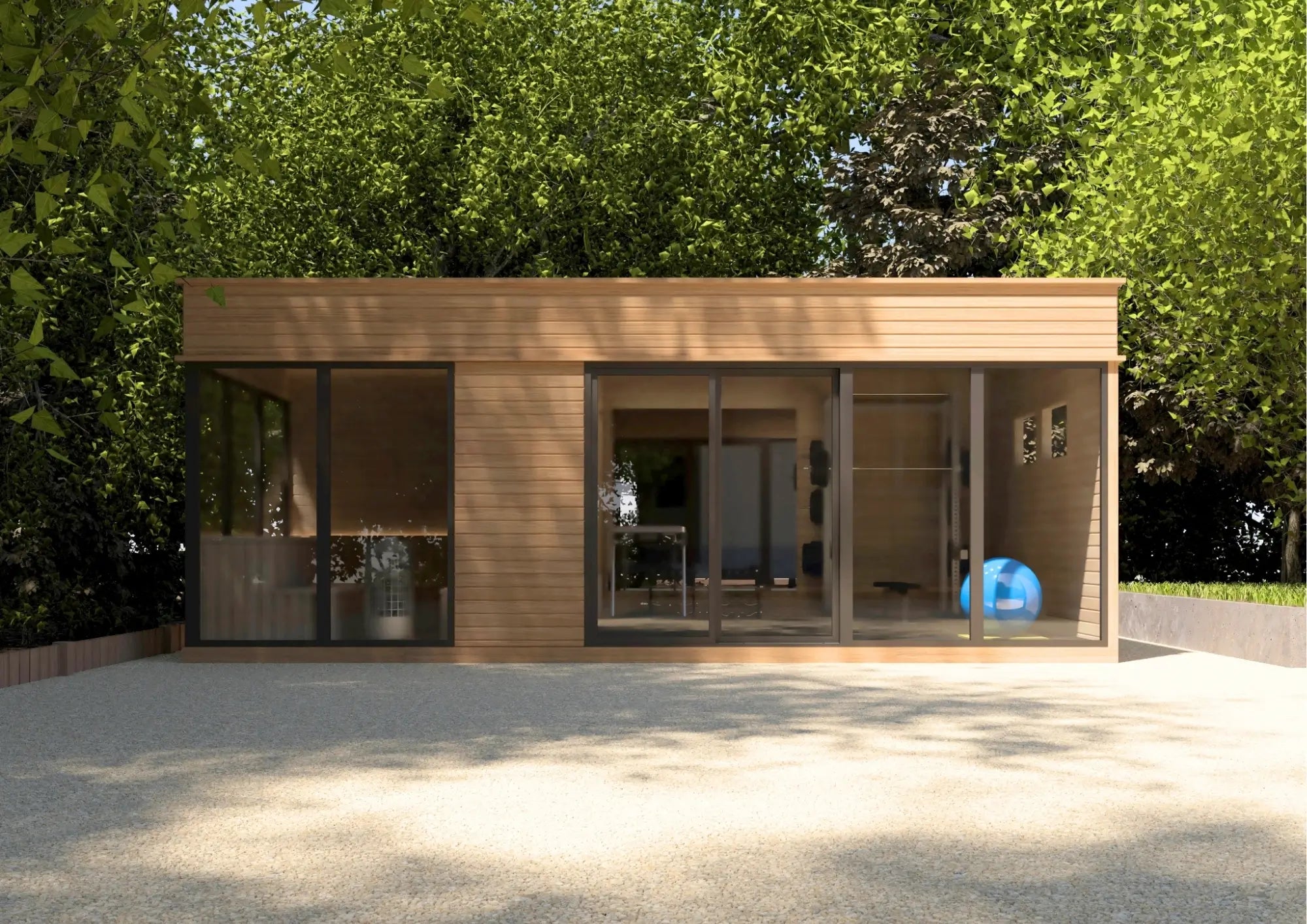 3D concept render of a bespoke garden gym and sauna cube for Naheed Fareed, secured by GlampLaunch in 2026 and scheduled for installation in August 2026. The wellness building combines a private gym space with an integrated sauna in a modern timber-clad design.