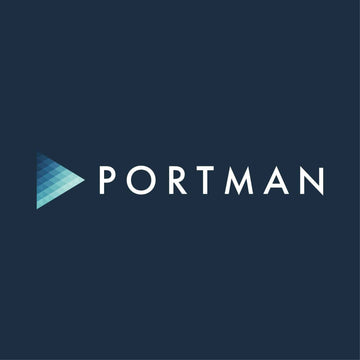 Portman logo with a blue geometric triangle on a dark blue background