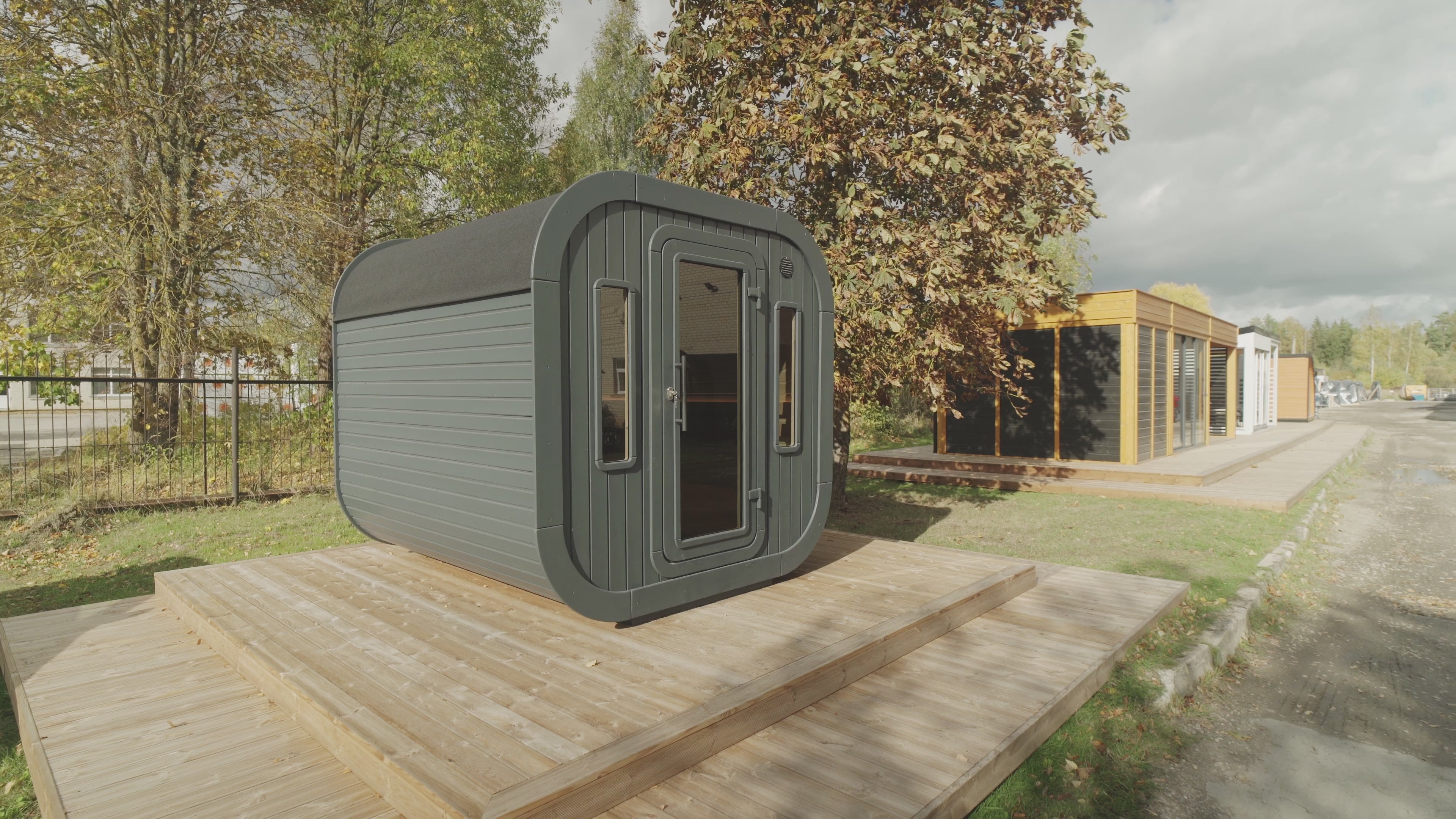 Video walkthrough of the Aurora luxury outdoor sauna showing the exterior design, entrance and interior features.