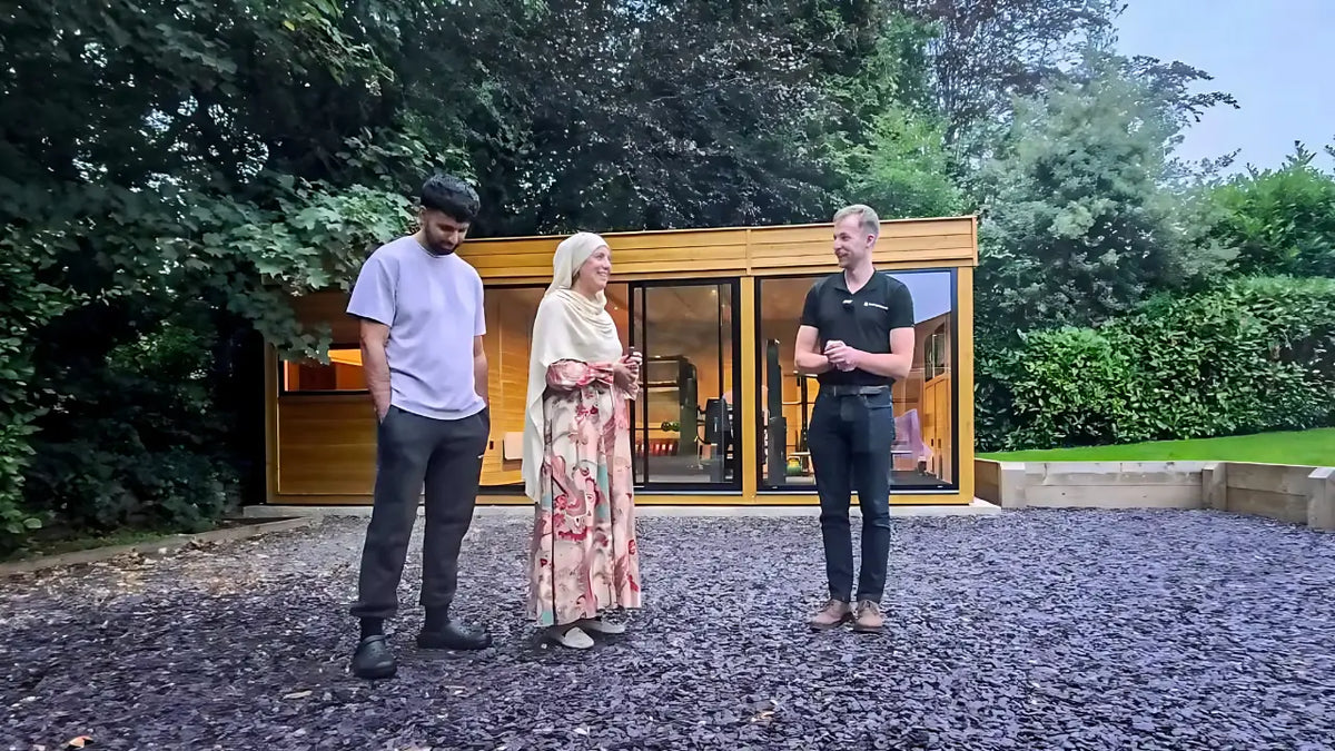 Client success story with GlampLaunch client Naheed Fareed outside her bespoke 4 person outdoor sauna and home gym