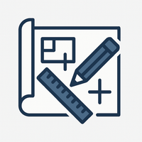 Vector icon of a design blueprint with a pencil and scale ruler laid across the page, symbolising precise architectural planning.