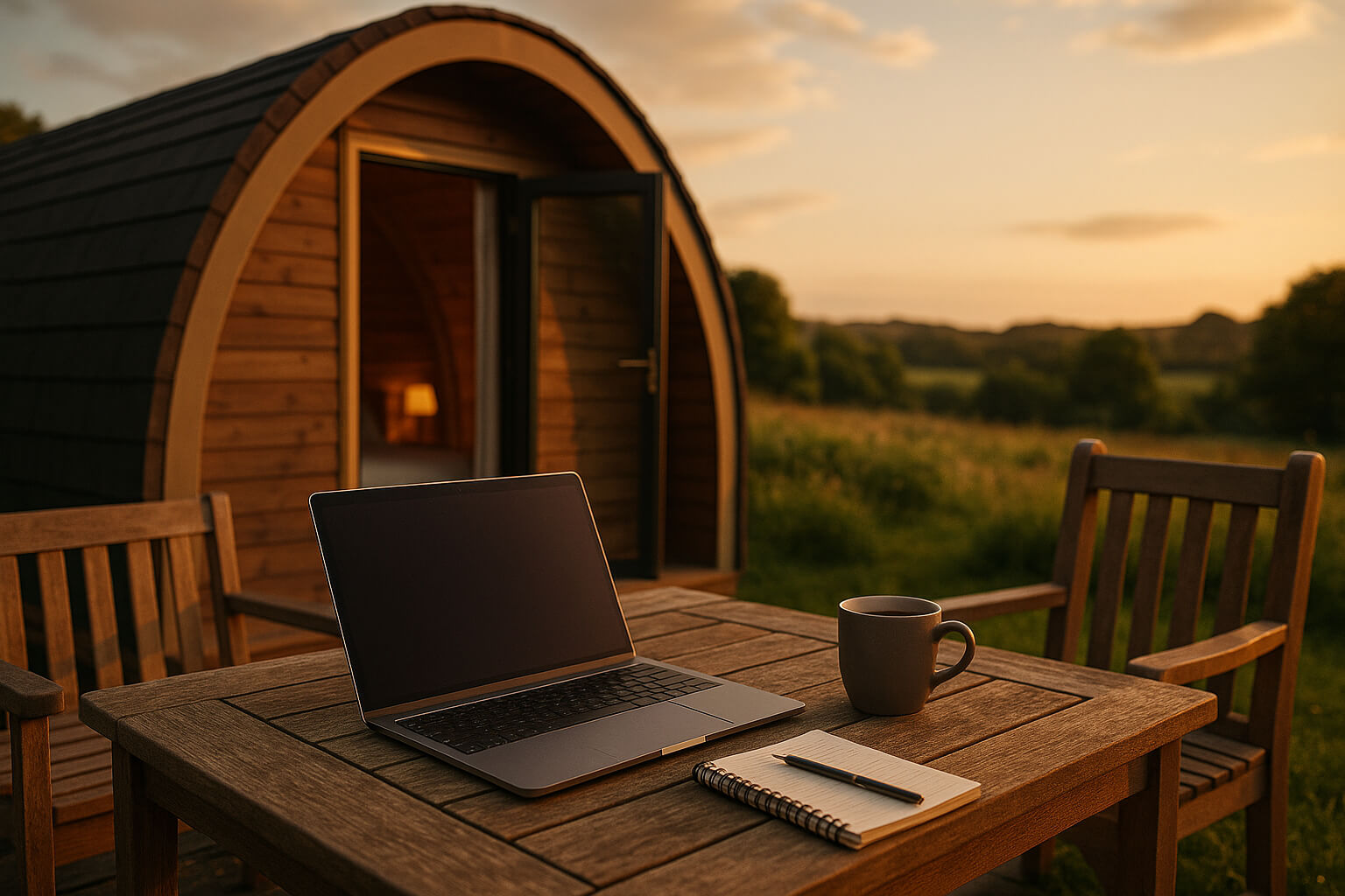 Outdoor seating area beside a modern glamping pod, with a laptop, notepad, and coffee cup on a wooden table, set in a scenic countryside at golden hour.
