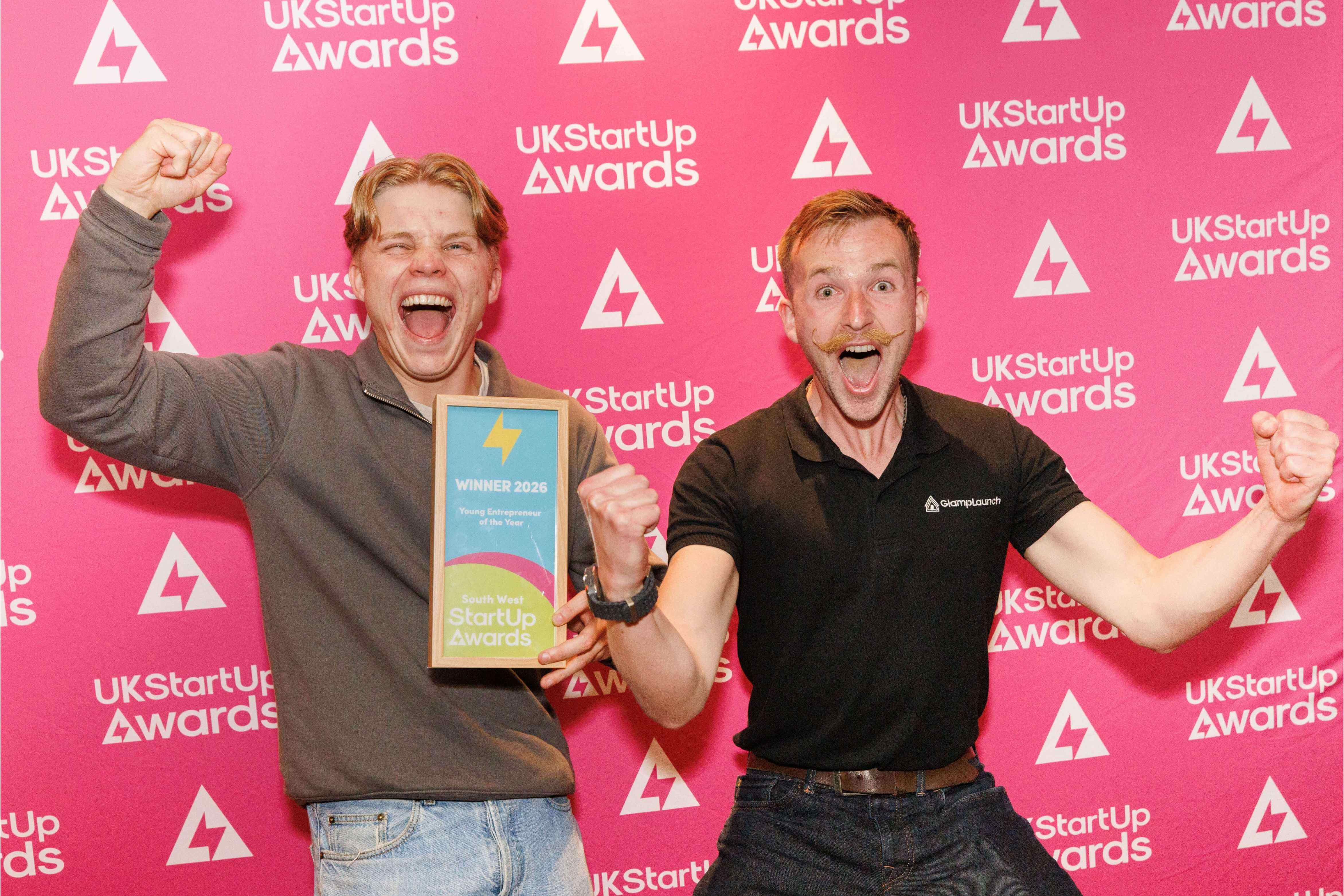 Taylor Glass, founder of GlampLaunch, at the UK StartUp Awards 2026 after being shortlisted as a Young Entrepreneur of the Year finalist.